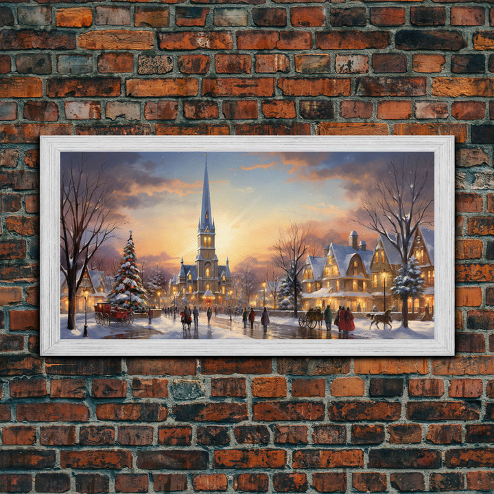 Christmas Centerpiece Wall Art - Framed Canvas Print - Winter Wonderland Victorian Village Decorated for Christmas Canvas Wall Art - Vintage