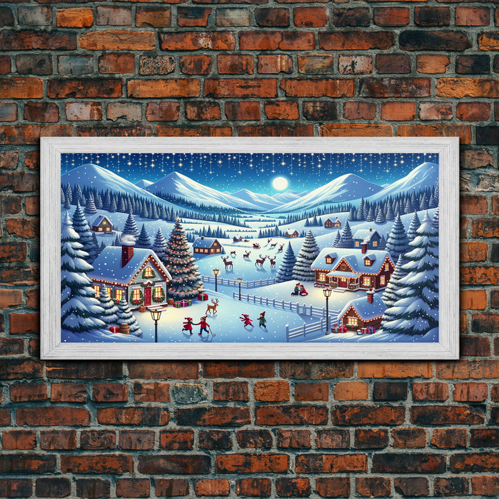 Cute Christmas Village Centerpiece Wall Art - Framed Canvas Print - Winter Wonderland Decorated for Christmas Canvas Wall Art - Vintage Xmas