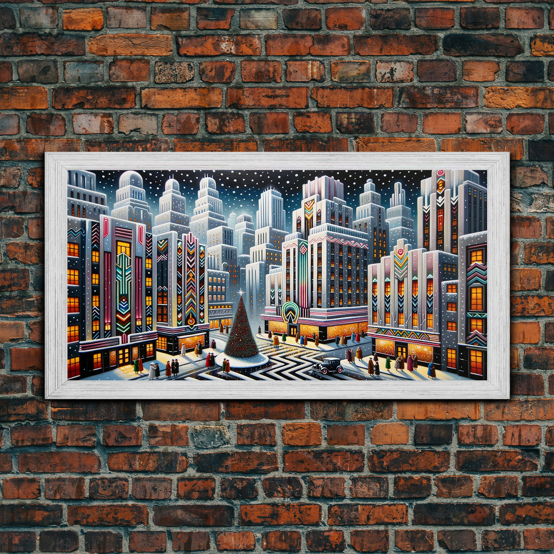 Vintage Style Art Deco Christmas Village | Framed Canvas Print | Winter Centerpiece | Retro Christmas Art | Vintage Christmas Decor