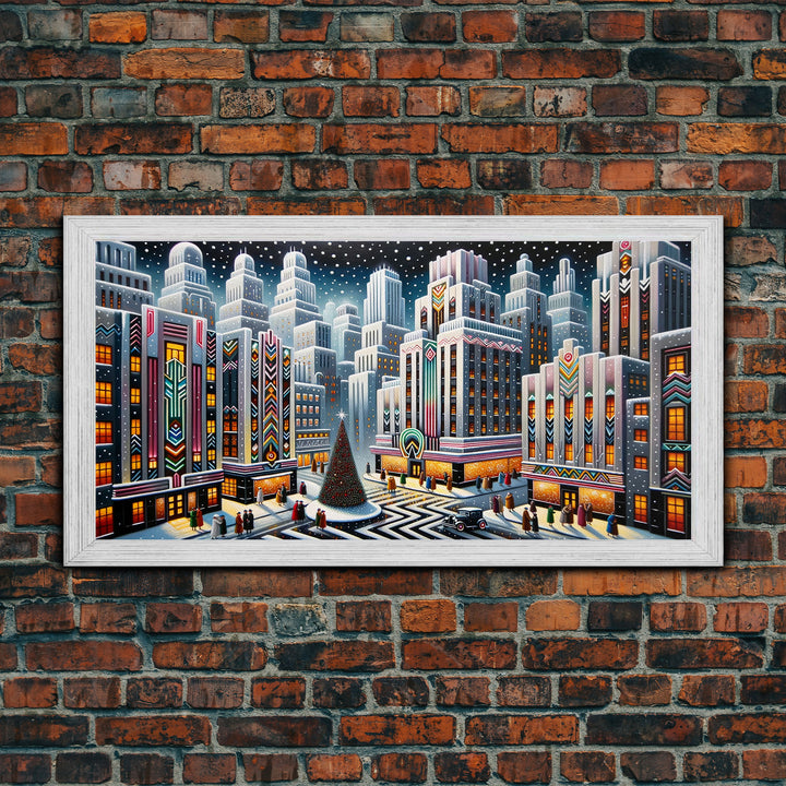 Vintage Style Art Deco Christmas Village | Framed Canvas Print | Winter Centerpiece | Retro Christmas Art | Vintage Christmas Decor