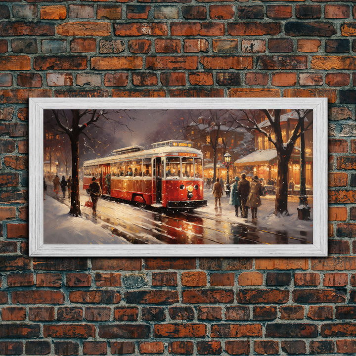 Retro Red Trolley Car Decorated For Christmas, Framed Canvas Print, Christmas Wall Art, Christmas Decor Mom Christmas Gift Christmas Village