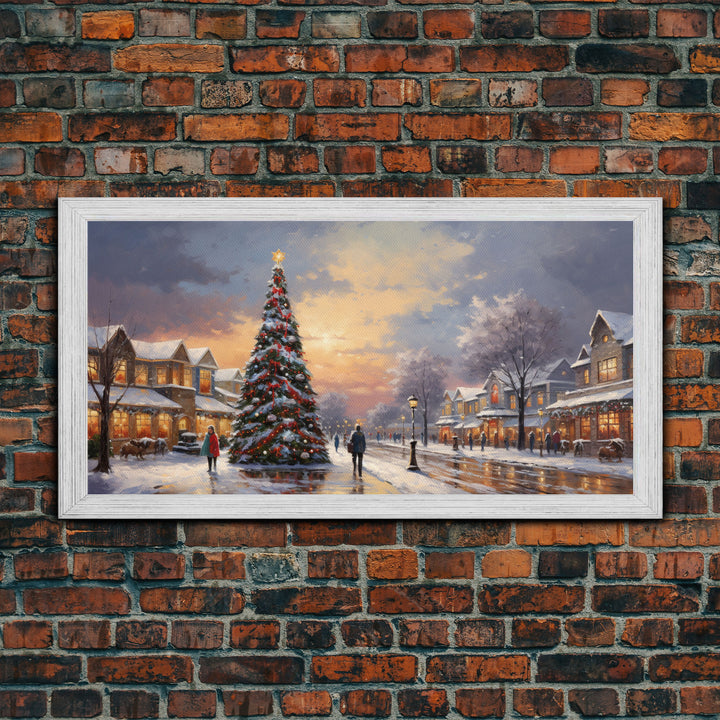 Cute Christmas Decor, Christmas Wall Art, Vintage Winter Wonderland Christmas Village Oil Painting Canvas Print, Framed Wall Art