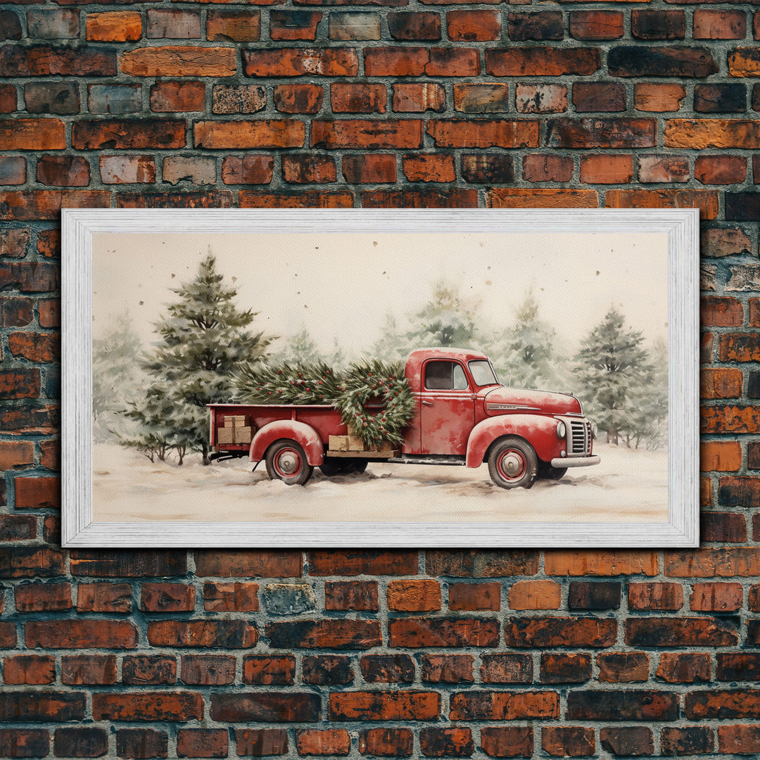 Christmas Tree Delivery - Framed Canvas Print - Vintage Style Farmhouse Christmas Decor Wall Art - Retro 1950s Truck Christmas Art