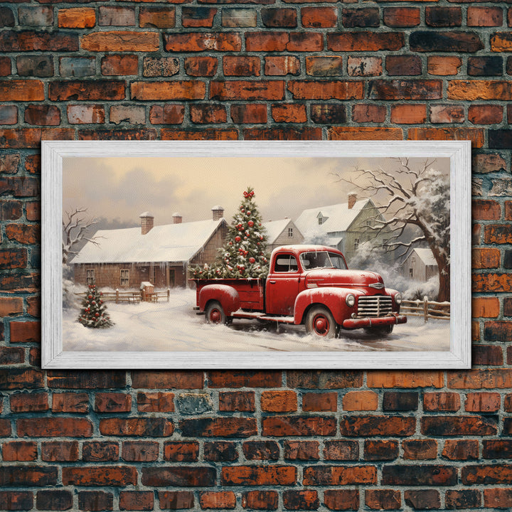 Vintage 1950s Red Truck Delivering Christmas Trees In The Snow - Framed Canvas Print - Farmhouse Christmas Decor - Retro Christmas