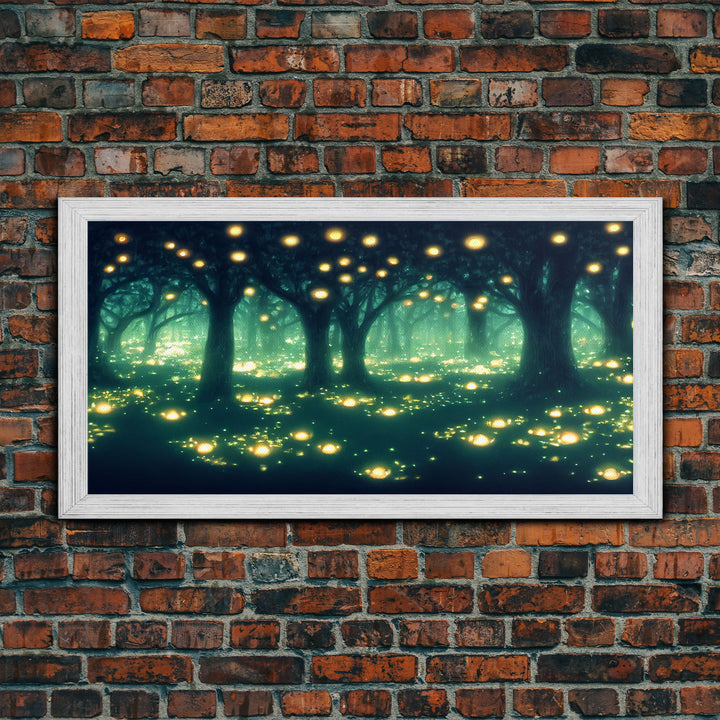Fireflies At Night In A Fantasy Forest,  Framed Ready To Hang Canvas Print, beautiful wall art, guest room decor