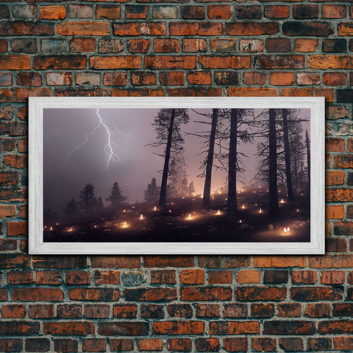 Haunted Gloomy Graveyard At Night, Thunder Storm, Halloween Cemetery Art, ready to hang canvas print wall art, Lightning Art