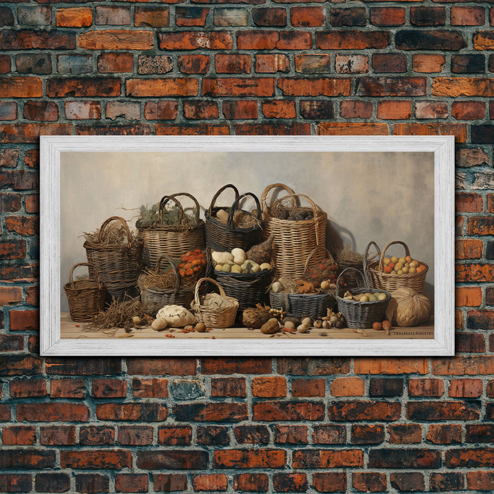 Cornucopia Wall Art, Basket Wall Decor Framed Canvas Print, Boho Wall Art, Wicker Round Bowl Art, Wicker Wall Art Print, Fall Decor