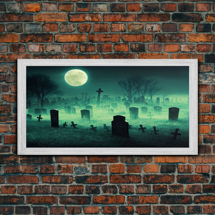 Halloween Cemetery At Night, Full Moon, Spooky Creepy Graveyard, ready to hang canvas print wall art