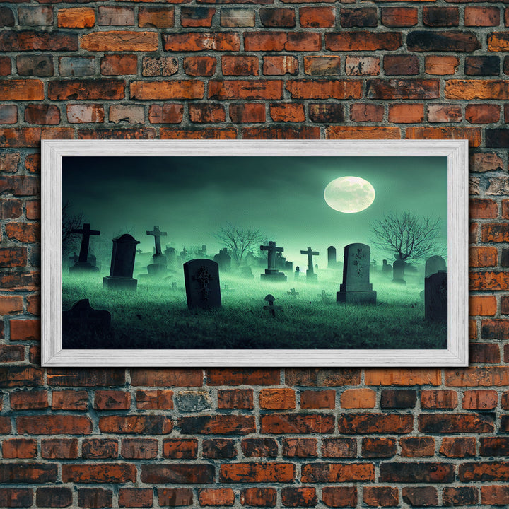 Full Moon Over A Haunted Cemetery At Night, Spooky Creepy Graveyard, ready to hang canvas print wall art, Halloween Art