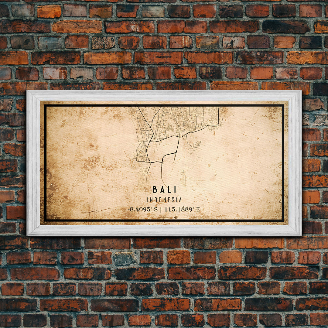 Vintage Bali Indonesia City Map Wall Art Canvas Print, Distressed Style Bali Map, Framed Wall Art, Cool Bali Travel Wall Art, Office Art