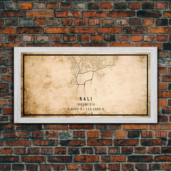 Vintage Bali Indonesia City Map Wall Art Canvas Print, Distressed Style Bali Map, Framed Wall Art, Cool Bali Travel Wall Art, Office Art