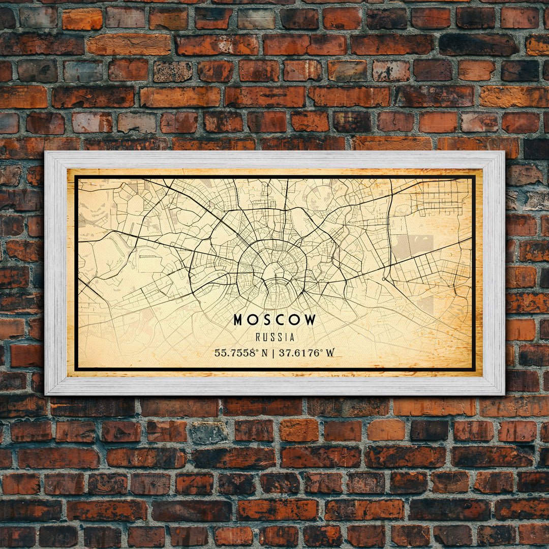 Vintage Style Moscow City Map Wall Art Canvas Print, Distressed Moscow Russia Map, Framed Wall Art, Cool Moscow Travel Wall Art, Office Art