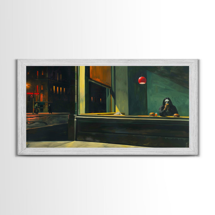 Demon Having a Cheeseburger in a Diner, Funny / Liminal Halloween Art, Framed Canvas Print