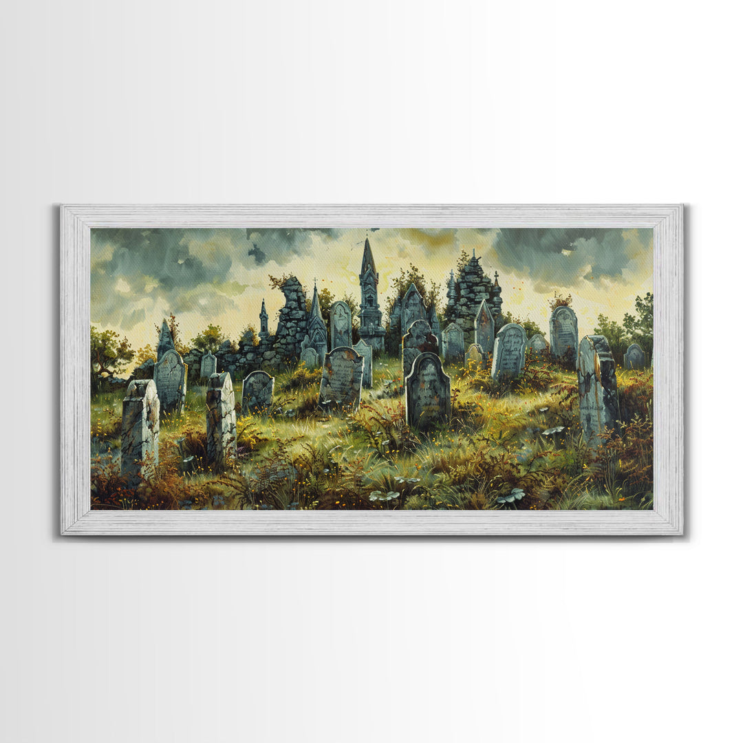 Haunted Cemetery Halloween Prop Framed Canvas Print | Spooky Season | Spooky Wall Art | Halloween Decor | Creepy Art Prints