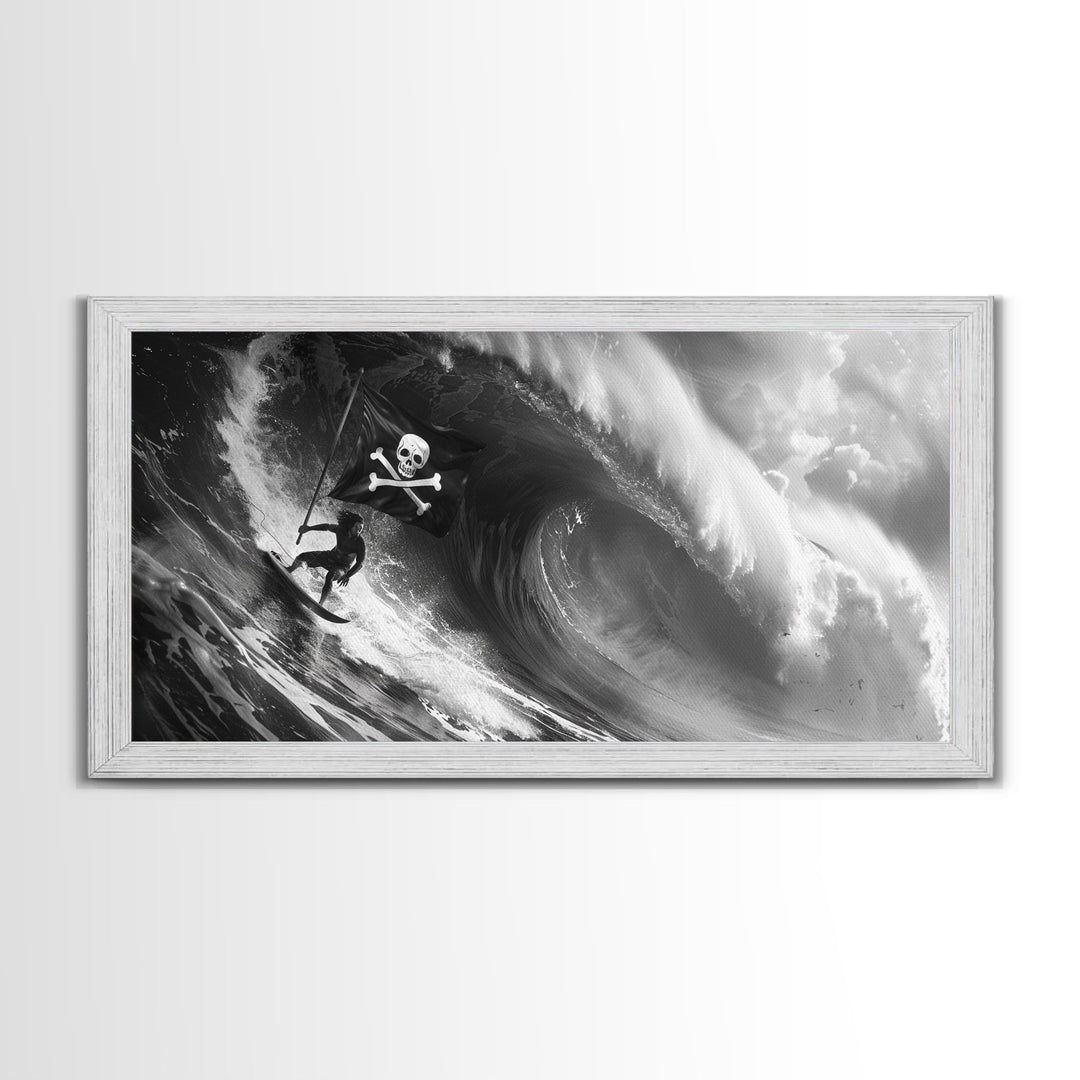 Pirate Surf - Framed Canvas Print - Black & White Photography Style Wall Art - Skull and Cross Bones Wall Art - Manly Decor - Mancave