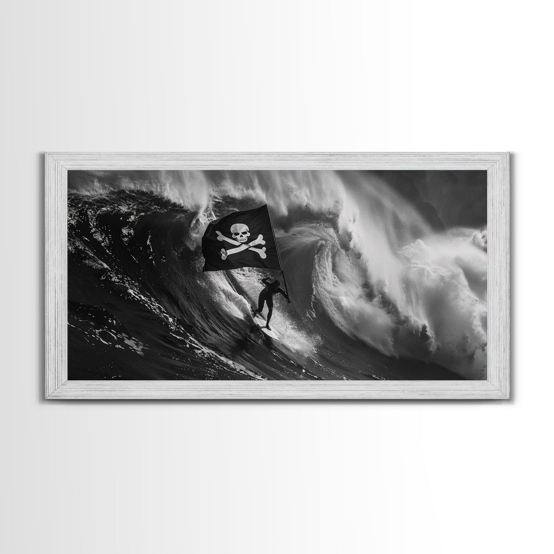 Surfer Waving A Skull and Crossbones Flag While Surfing - Framed Canvas Print - Cool Modern Art - Office / Mancave Decor Gift For Him