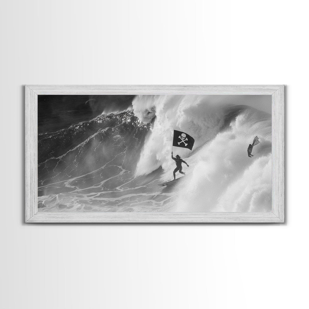 Surfer Waving A Skull and Crossbones Flag While Surfing - Framed Canvas Print - Cool Modern Art - Office / Mancave Decor Gift For Him
