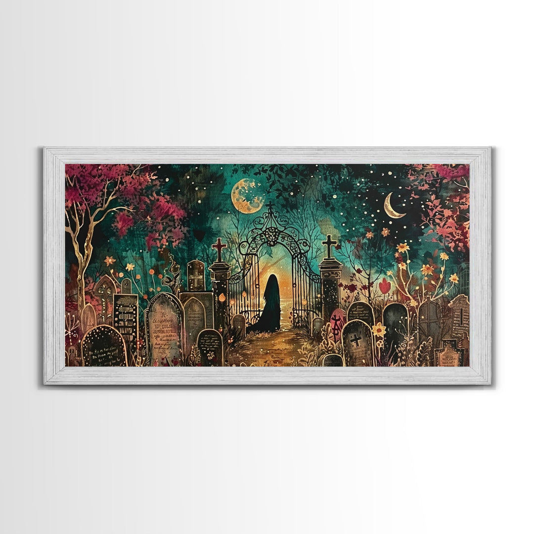 Banshee In The Graveyard, Framed Canvas Print, Halloween Decor, Spooky Season Wall Art, Halloween Gift Idea