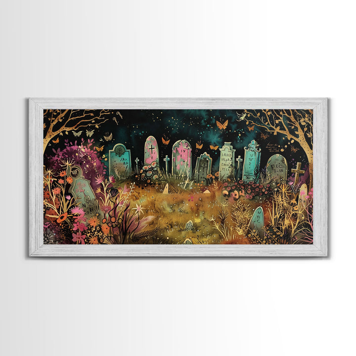 Colorful Haunted Grave Yard In The Spring Time, Framed Canvas Print, Spooky Wall Art, Halloween Spooky Season Decor