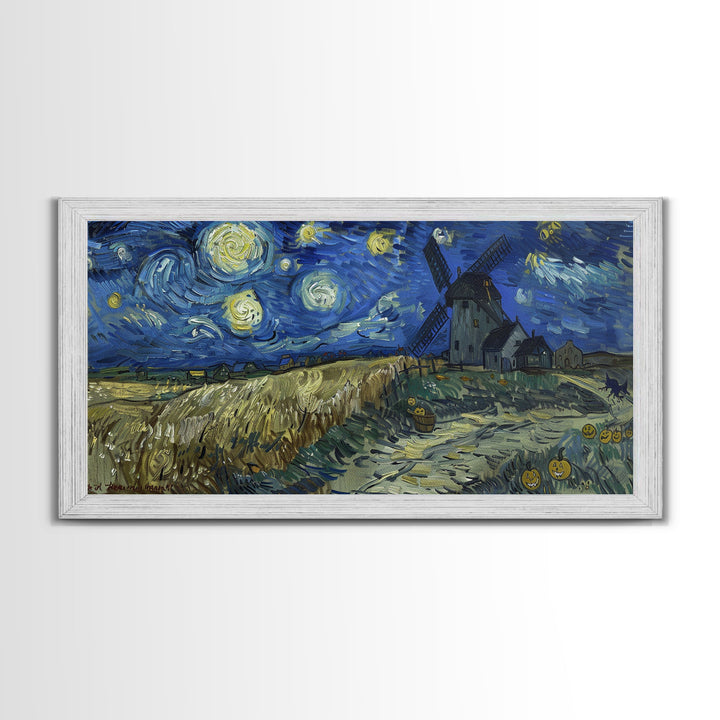 Starry Night Inspired Haunted Wind Mill, Framed Canvas Print, Spooky Halloween Wall Art