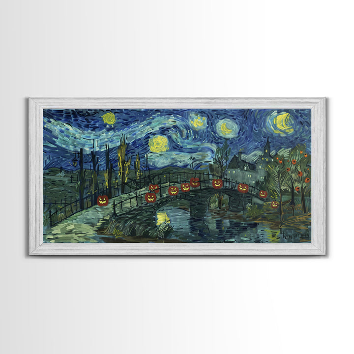 London at Midnight, Framed Canvas Print, Starry Night Inspired Victorian London, Dark Academia Halloween Wall Art