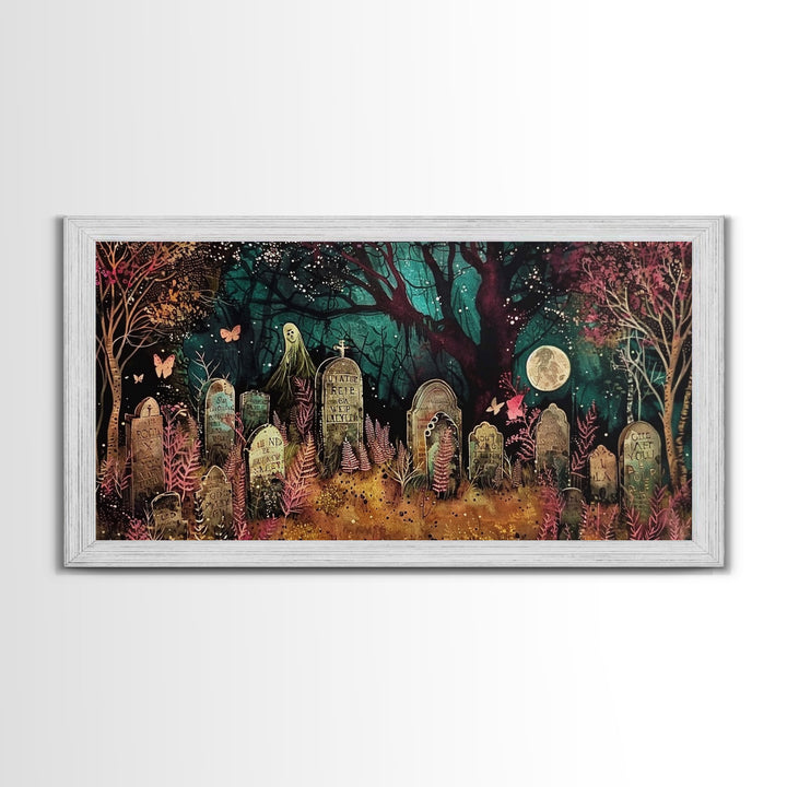 Spooky Cottagecore Mashup, Halloween Decor, Framed Canvas Print, Haunted Grave Yard Halloween Prop