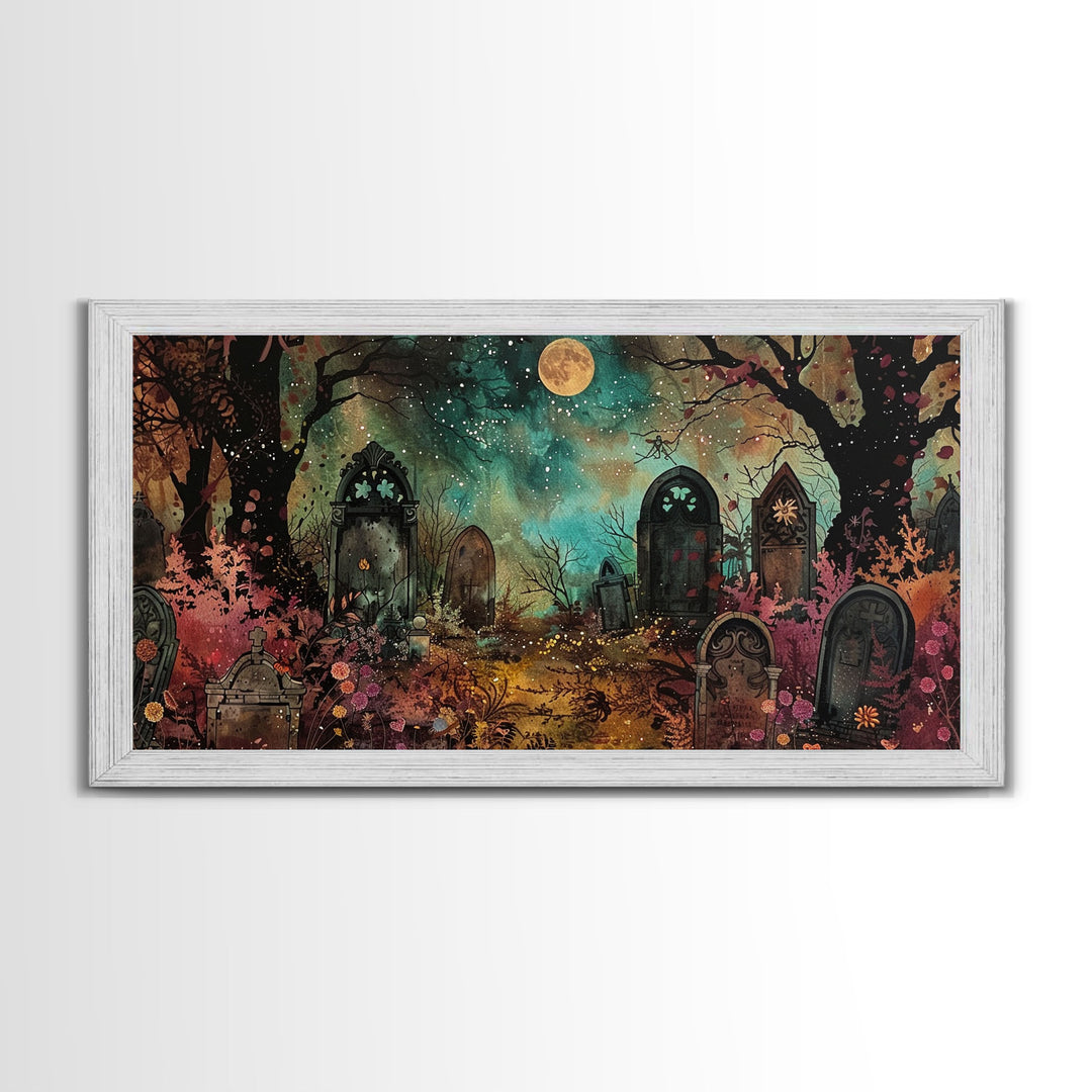 Spooky Cottagecore Mashup, Halloween Decor, Framed Canvas Print, Haunted Grave Yard Halloween Prop
