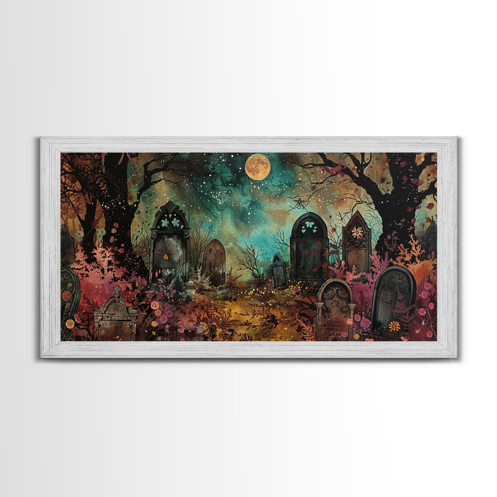 Spooky Cottagecore Mashup, Halloween Decor, Framed Canvas Print, Haunted Grave Yard Halloween Prop
