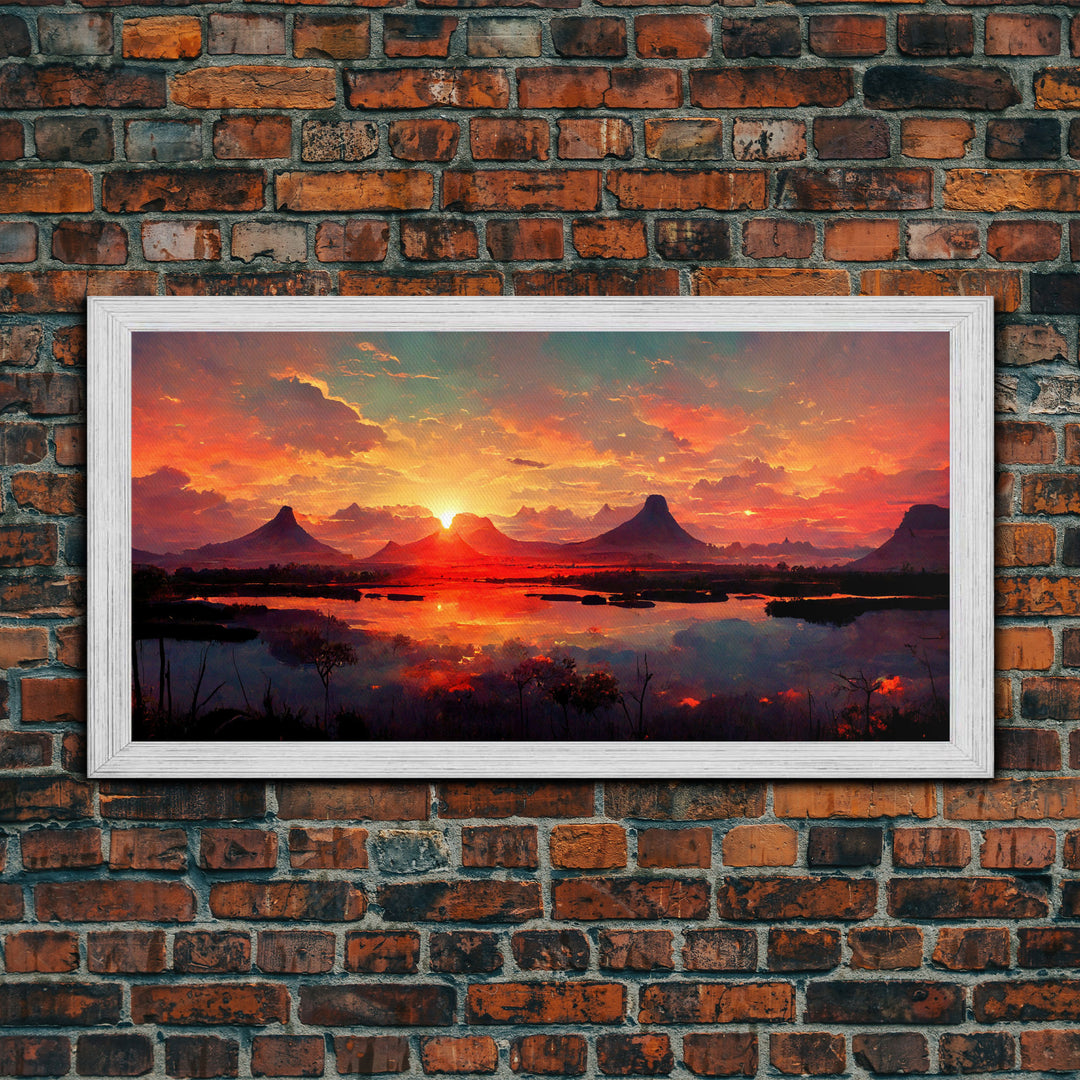 Mountain and Lake Sunset Wall Art Oil Painting On Canvas, Canvas Print, Ready to hang gallery wrapped nature framed canvas print, lake life