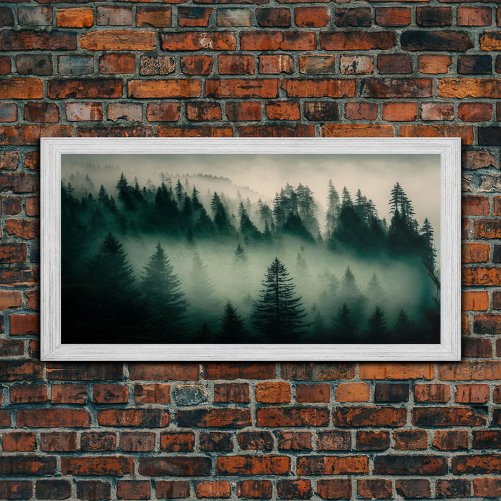 Framed Canvas Print, Pine Tree Forest, Misty Forest Landscape, Fog Covered Mountain, Nature Landscape Decor