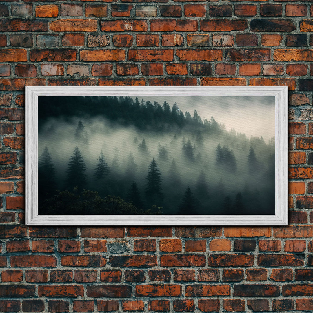 Foggy pine forest, Canadian forest art, framed canvas print, farmhouse decor, misty forst landscape