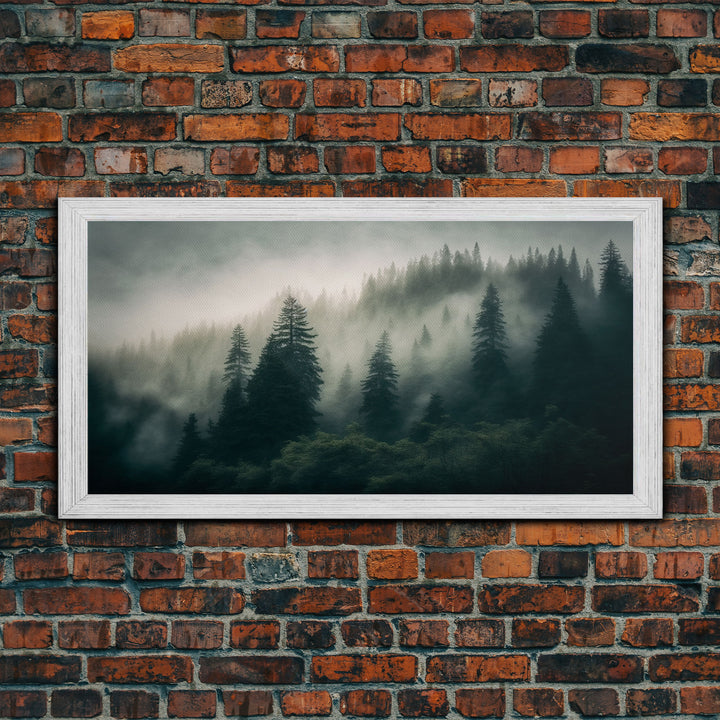 Morning fog over a mountain forest, framed canvas print, foggy pine tree landscape, framed wall art, misty mountain landscape art