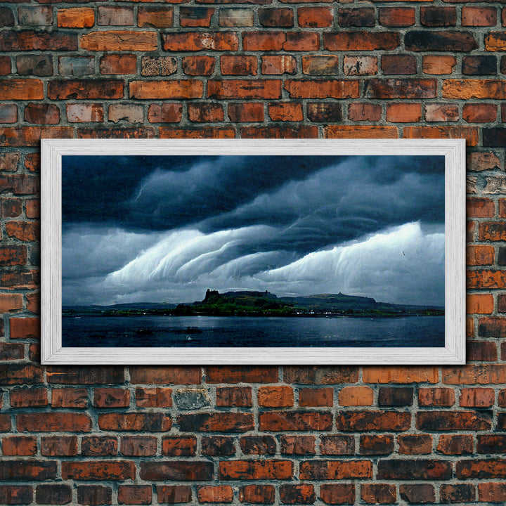 Rainstorm wall art, canvas print, ready to hang, fast moving storm over an island castle, cool wall art