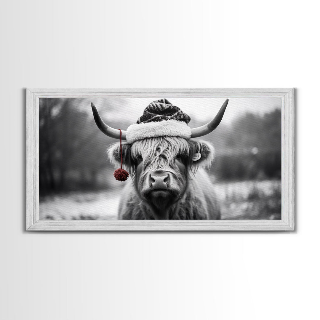 Highland Cow Wearing Santa Hat, Festive and Fun Framed Canvas Print for Holiday Wall Art, Living Room or Bedroom Decor