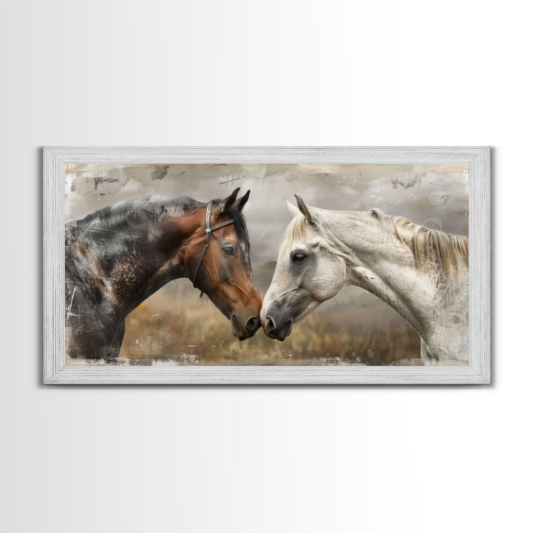 Black and White Horses, Framed Canvas Print for Elegant Living Room Decor, Equine Art for Home and Bedroom Decoration