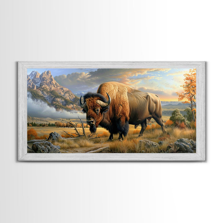 Majestic Bison in Autumn Landscape, Framed Canvas Print, Perfect for Living Room Art, Rustic Home Decor, Western Themed Bedroom Wall Art