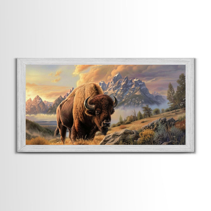 Powerful Bison in Mountain Valley, Framed Canvas Print, Ideal for Living Room Art, Nature Inspired Wall Art, Bedroom Decoration