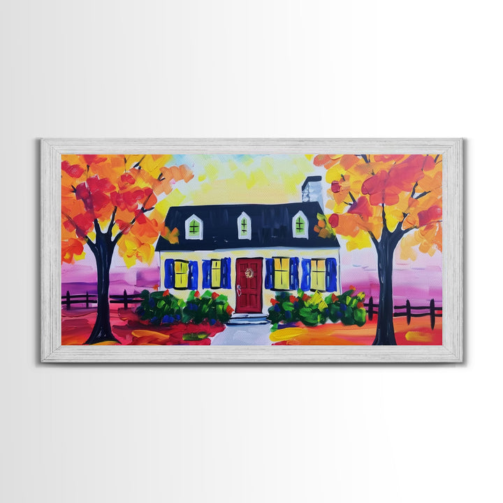 Cozy Cottage in Autumn, Framed Canvas Print, Ideal for Living Room Art, Rustic Home Decor, Charming Bedroom Wall Art