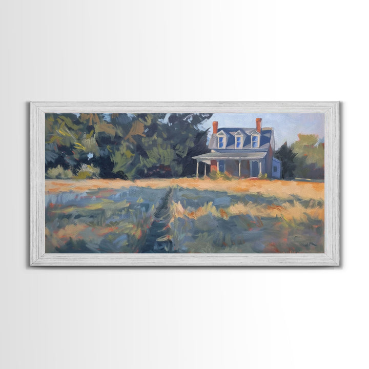 Serene Farmhouse at Dusk, Framed Canvas Print, Great for Living Room Art, Country Home Decor, Relaxing Bedroom Wall Art