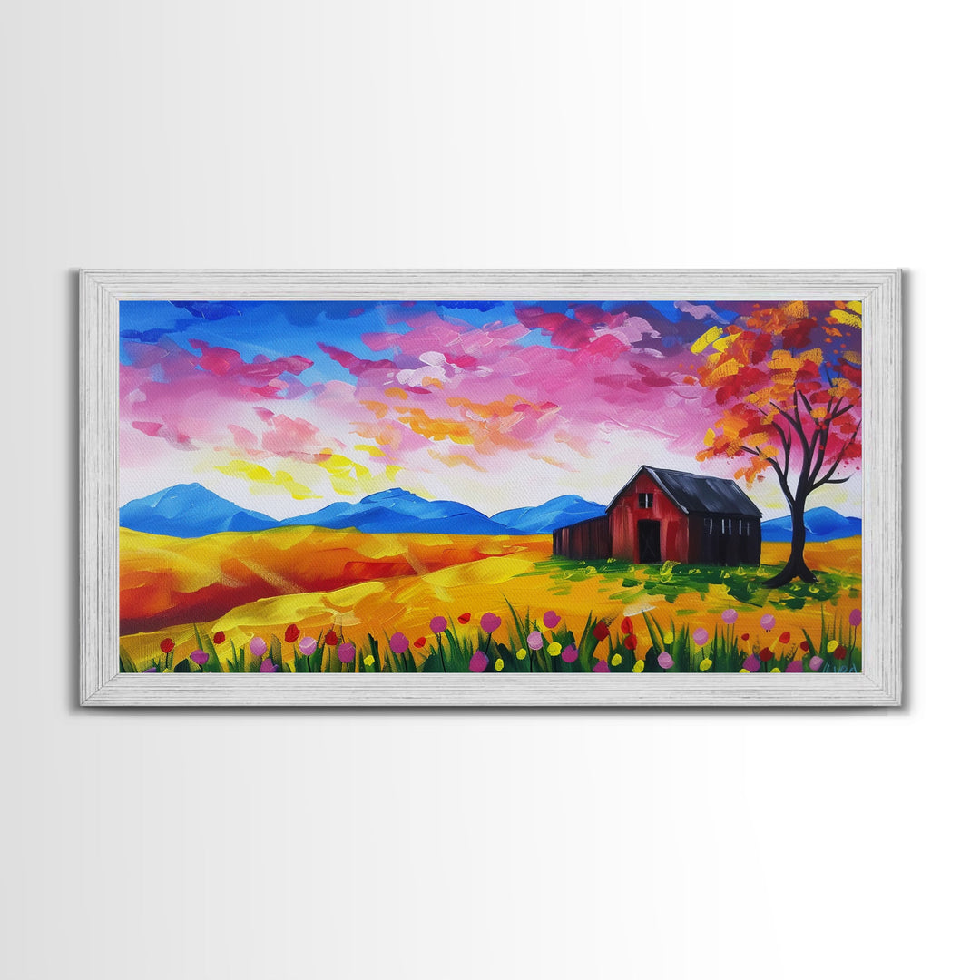 Bright Barn in Floral Field, Framed Canvas Print, Perfect for Living Room Art, Vibrant Home Decor, Colorful Bedroom Wall Art