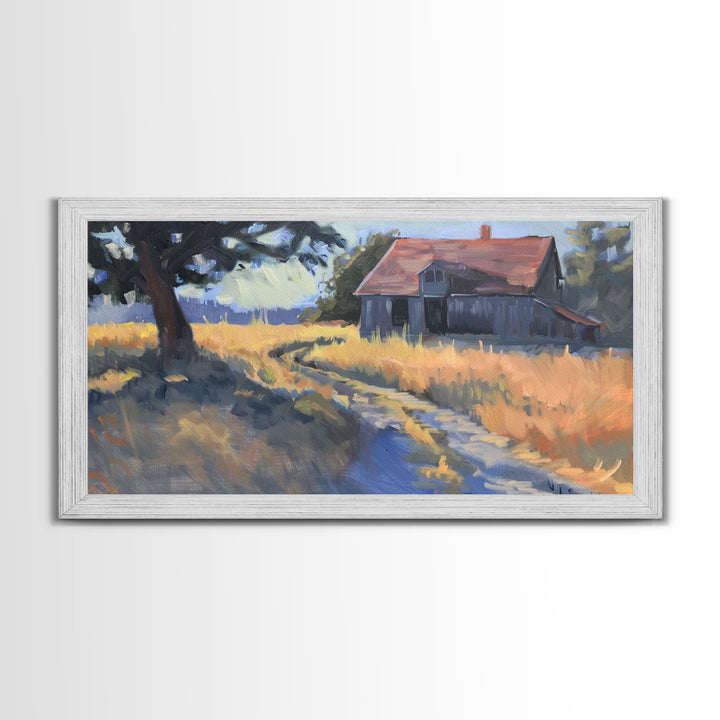 Quaint House on Country Road, Framed Canvas Print, Perfect for Living Room Art, Rustic Home Decor, Serene Bedroom Wall Art