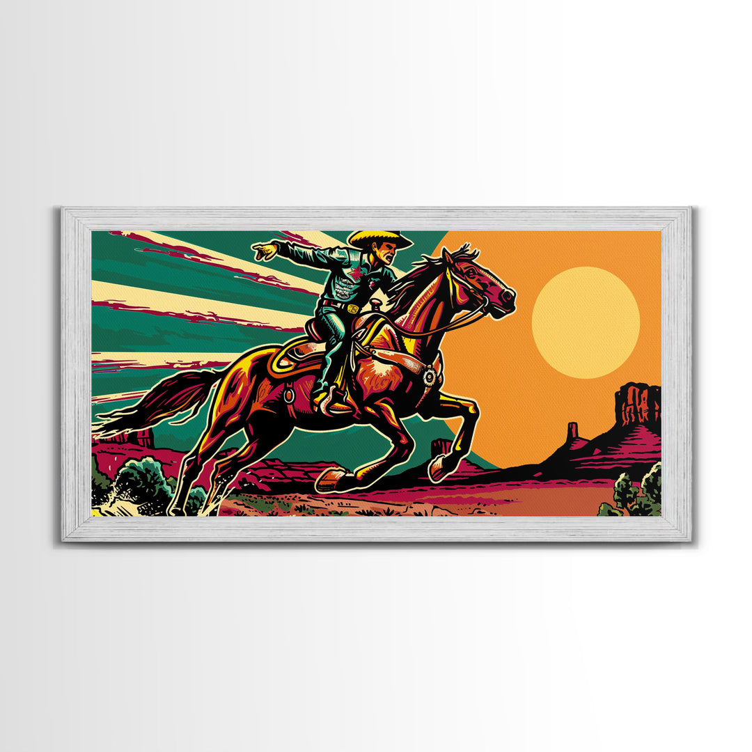 Vintage Cowboy Riding Horse, Western Sunset Wall Art, Framed Canvas Print, Rustic Decor, Cowboy Art, Country Living Room