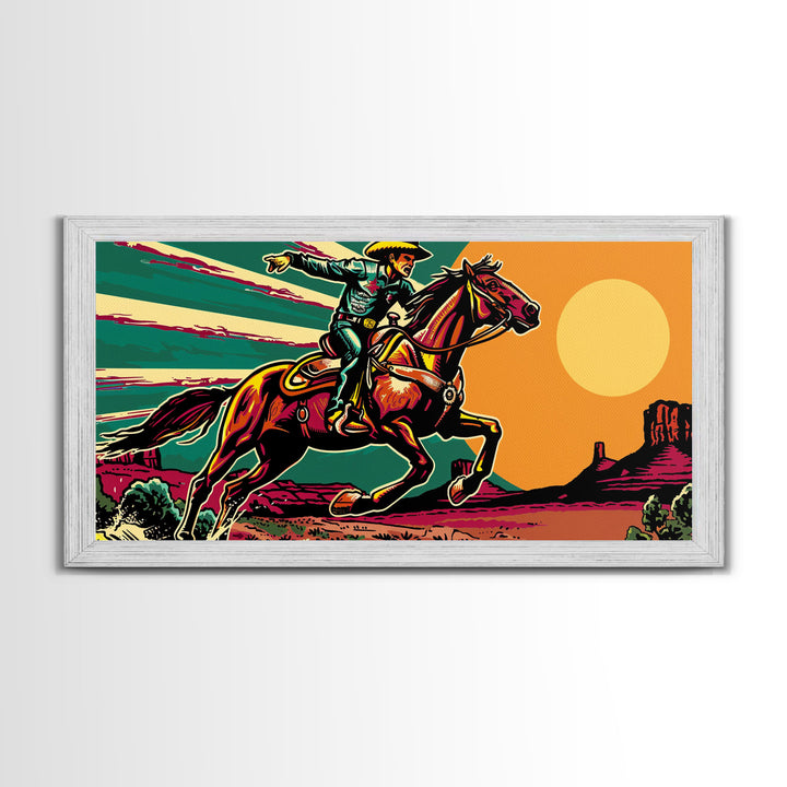 Vintage Cowboy Riding Horse, Western Sunset Wall Art, Framed Canvas Print, Rustic Decor, Cowboy Art, Country Living Room