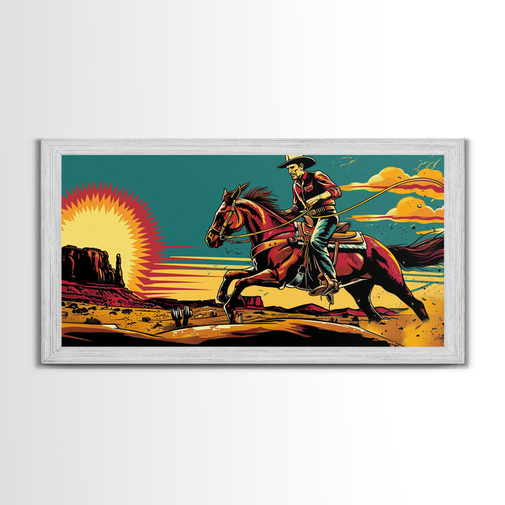 Cowboy Riding Through Desert, Southwestern Landscape Art, Framed Canvas Print, Boho Decor, Desert Art, Rustic Wall Art