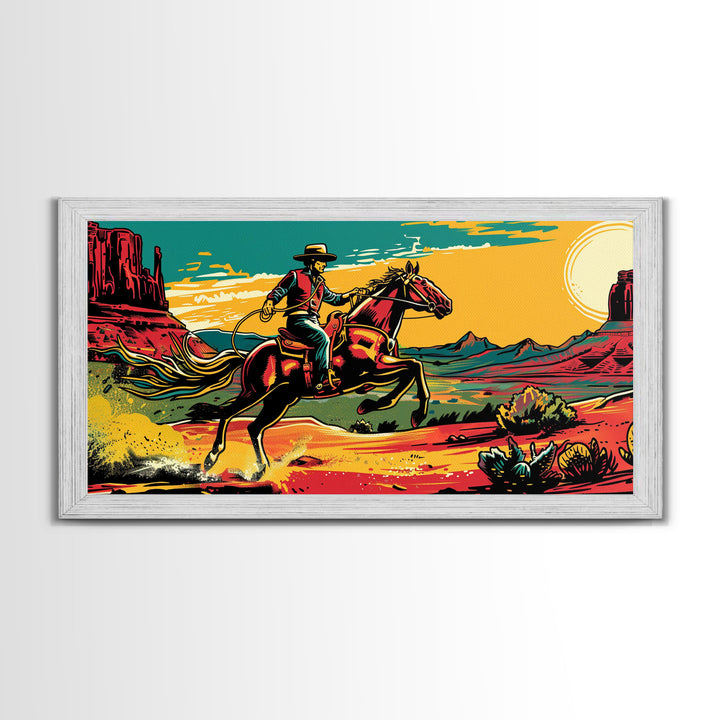 Cowboy Galloping in Desert, Vibrant Sunset Western Art, Framed Canvas Print, Farmhouse Decor, Colorful Wall Art, Cowboy Theme