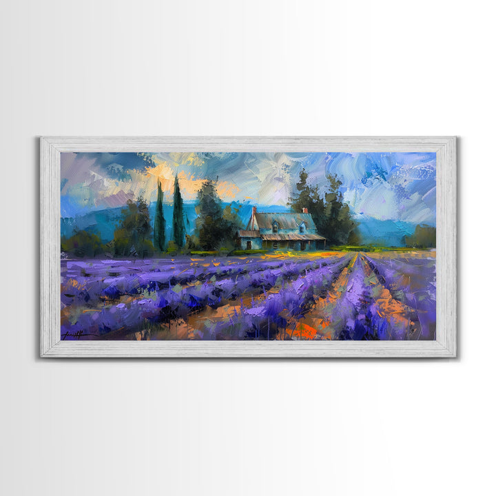 Lavender Field with Cottage, Impressionist Style, Framed Canvas Print, Farmhouse Decor, Cottagecore Art, Pastel Wall Art