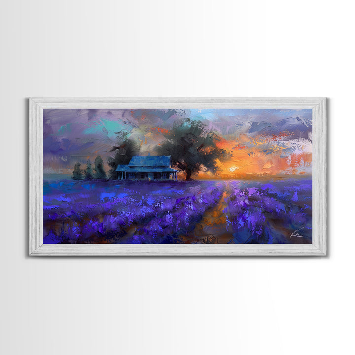 Lavender Field at Dusk, Moody Landscape Art, Framed Canvas Print, Boho Decor, Lavender Art, Rustic Bedroom Decor