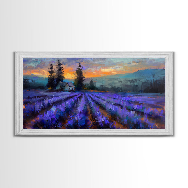 Lavender Field with Cottage, Warm Sunset Colors, Framed Canvas Print, Rustic Decor, Country Wall Art, Farmhouse Vibes