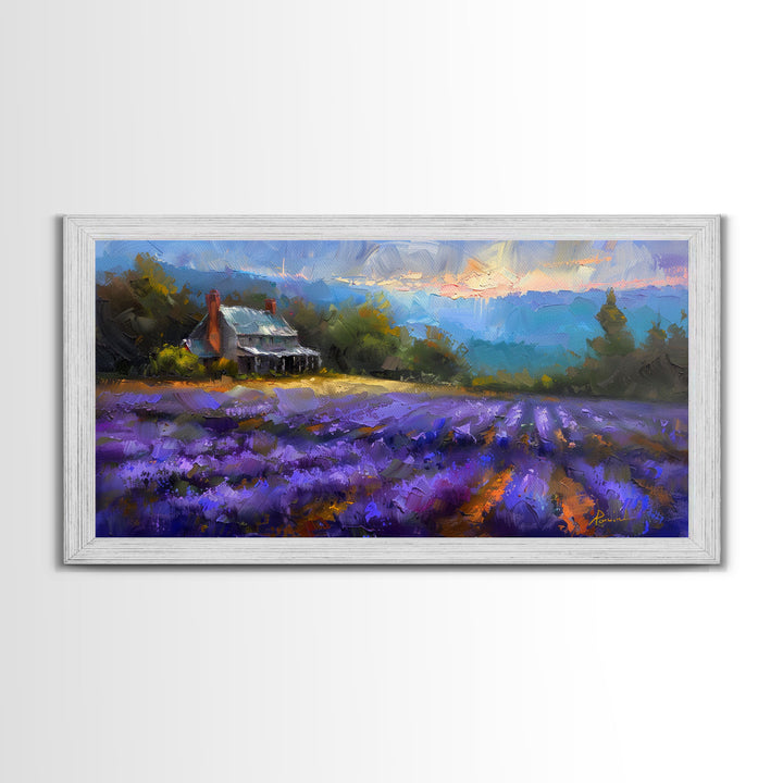 Lavender Field at Twilight, Dreamy Landscape Art, Framed Canvas Print, Boho Bedroom Decor, Purple Art, Rustic Wall Art