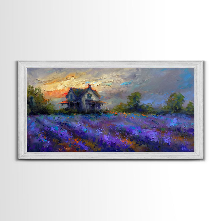Country Cottage in Lavender Field, Impressionist Style, Framed Canvas Print, Farmhouse Decor, Cozy Art, Rustic Living Room